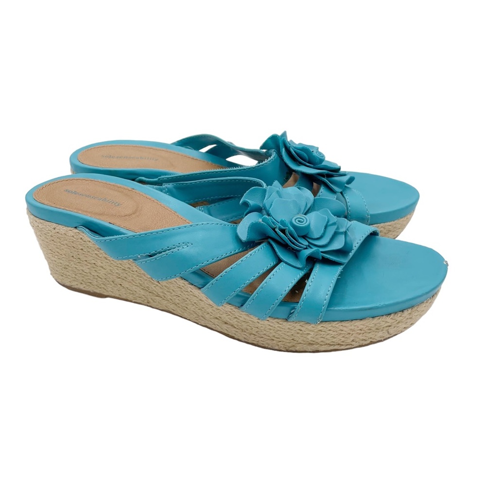 Solesenseability Mona Blue Faux Leather Flower Embellished Wedge Sandals 9.5